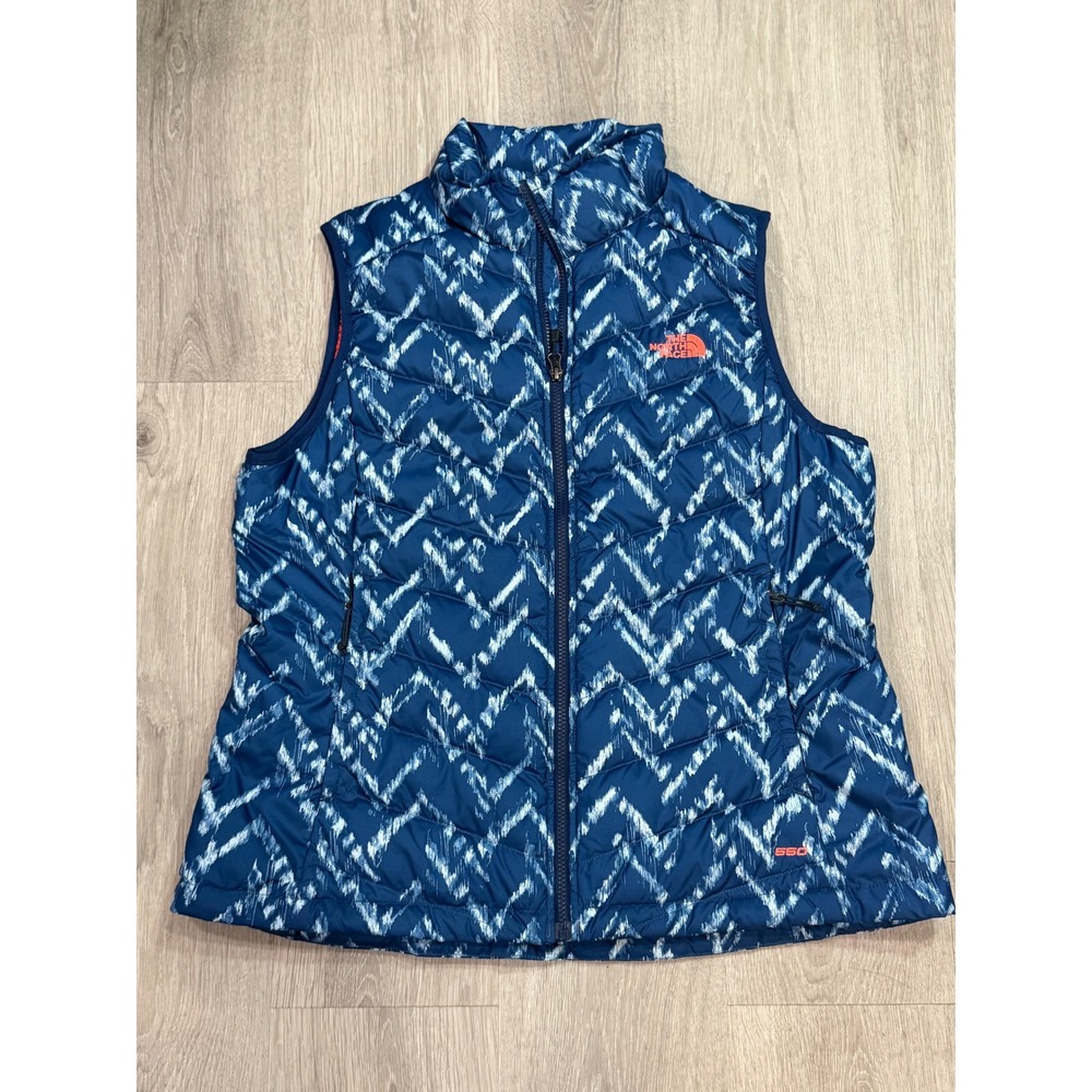 The North Face Women's XL 550 Down Puffer Vest Blue White Abstract Print Hikong - Picture 7 of 8